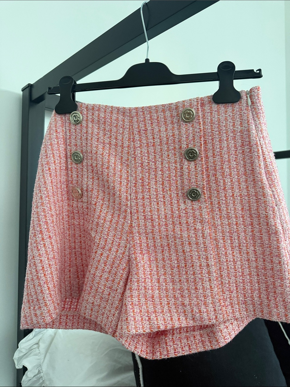 Maje Pink-Orange Tweed Mini Skirt with Gold Buttons